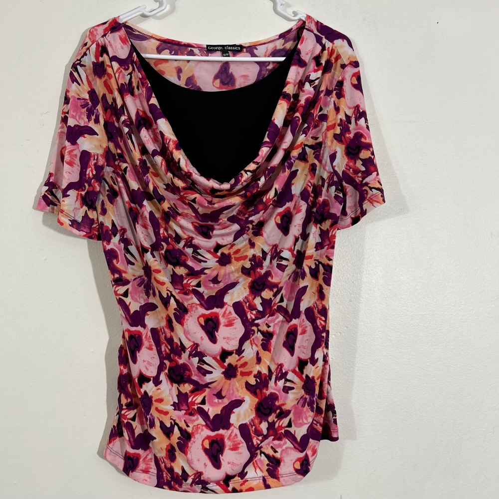 George Classics Floral Print Cowl Neck Short Sleeve Blouse Pink Purple‎ M/M